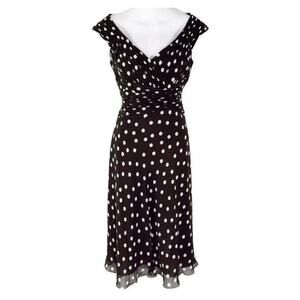 Adrianna Papell Women 6 Black White Polka Dot Silk V-neck Fit & Flare Midi Dress